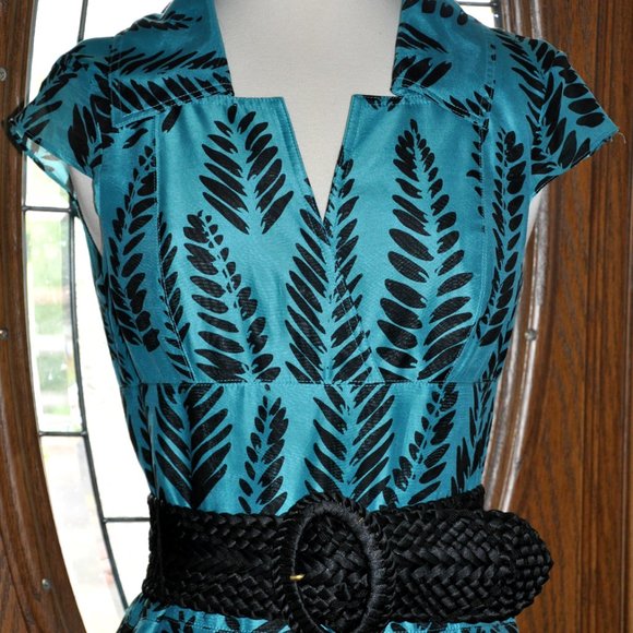 Kay Unger of New York Teal & Black Silk Dress With Black Belt - Picture 8 of 8